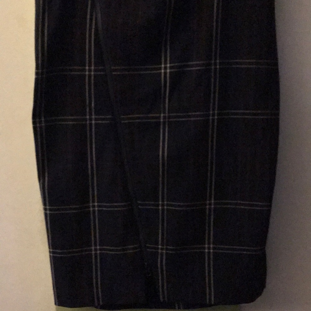Stripes; burgundy, gray, blue and white skirt.